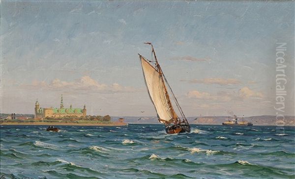 Seascape With Ships Off The Coast Of Kronborg Castle Oil Painting by Vilhelm Karl Ferdinand Arnesen