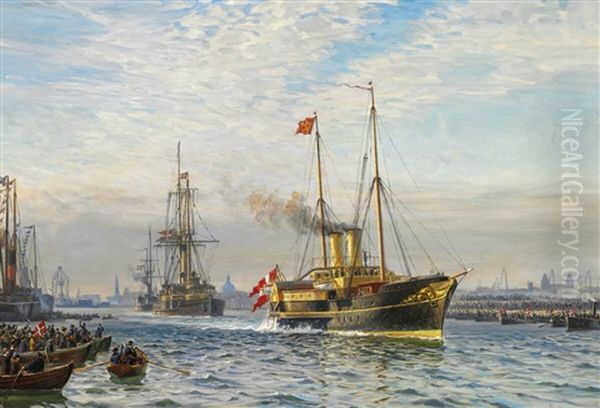 Prince Carl And Princess Maud Of Denmark Leaving Copenhagen For Oslo On The Royal Yacht As King Haakon Vii And Queen Maud Of Norway Oil Painting by Vilhelm Karl Ferdinand Arnesen