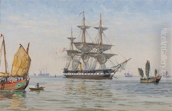 The Danish Frigate Tordenskjold Laying Telegraph Cables In Asian Waters Oil Painting by Vilhelm Karl Ferdinand Arnesen