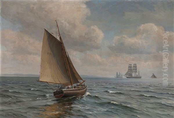 Seascape With Sailing Ships On A Summer Day Oil Painting by Vilhelm Karl Ferdinand Arnesen