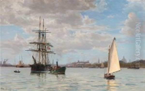 View From The Port Of Copenhagen With Sailing Ships And Boats Oil Painting by Vilhelm Karl Ferdinand Arnesen