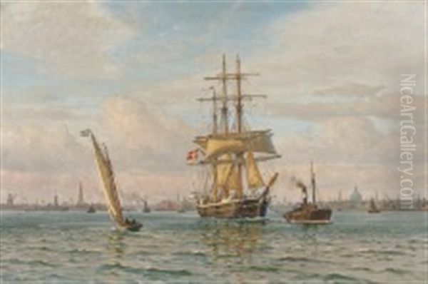 A Sailing Ship Being Towed Out Of Copenhagen Harbour Oil Painting by Vilhelm Karl Ferdinand Arnesen