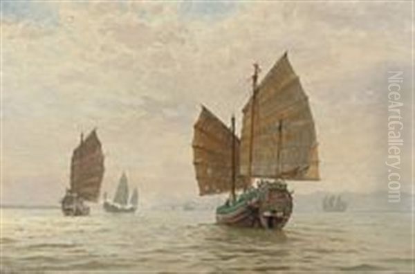 Marine With Several Chinese Junks At Sea Oil Painting by Vilhelm Karl Ferdinand Arnesen