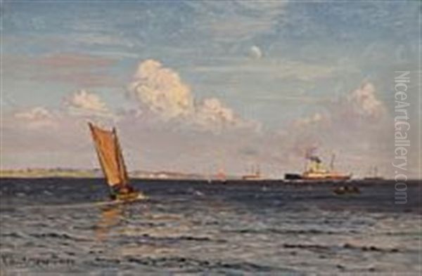 Seascape With Boats, Ships And A Steamer On Oresund Oil Painting by Vilhelm Karl Ferdinand Arnesen