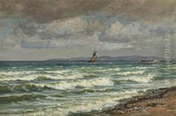 Seascape With Sailing Boats Along Coast Oil Painting by Vilhelm Karl Ferdinand Arnesen