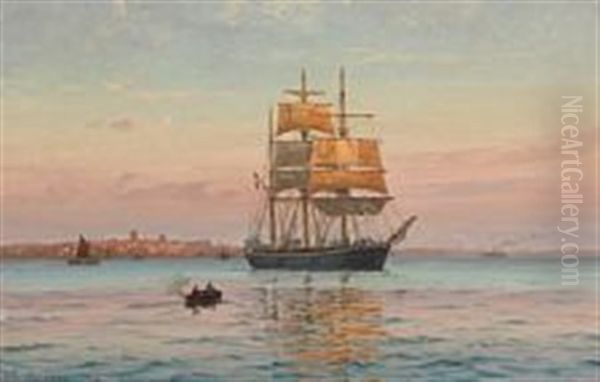 Summer Evening With A Ship Anchoring Oil Painting by Vilhelm Karl Ferdinand Arnesen