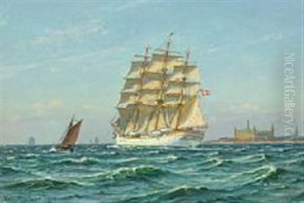 The Danish Training Ship Danmark Off The Coast Of Elsinore Castle Oil Painting by Vilhelm Karl Ferdinand Arnesen