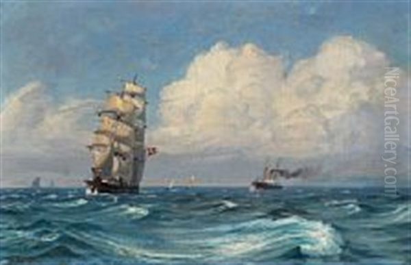 Seascape With A Sailing Ship And A Steamboat Oil Painting by Vilhelm Karl Ferdinand Arnesen