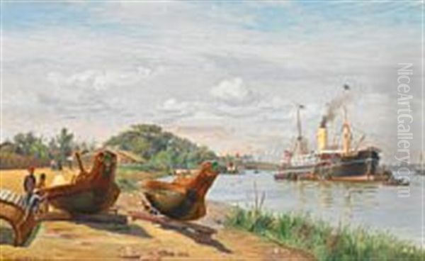 The Steamer Annam On The Mekong River At Saigon 1900 Oil Painting by Vilhelm Karl Ferdinand Arnesen