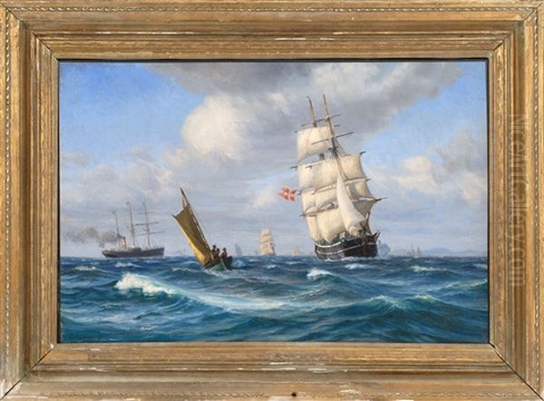 Numerous Vessels In A Shipping Channel Oil Painting by Vilhelm Karl Ferdinand Arnesen