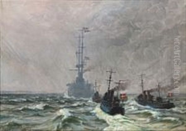 King Christian X On Board The Cruiser Geyser Heading For Korsor Oil Painting by Vilhelm Karl Ferdinand Arnesen