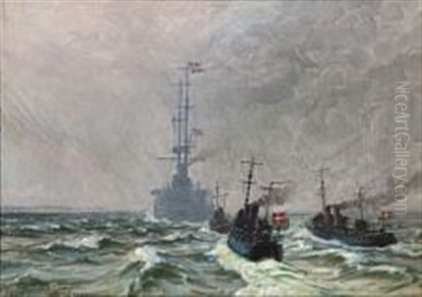 King Christian X On Board The Cruiser Geyser Heading For Korsor by Vilhelm Karl Ferdinand Arnesen