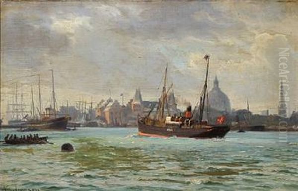 Steamship At Copenhagen Harbour Oil Painting by Vilhelm Karl Ferdinand Arnesen