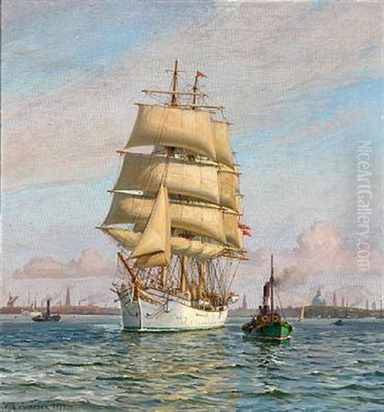 The Danish Training Ship Danmark In Copenhagen Harbour Oil Painting by Vilhelm Karl Ferdinand Arnesen