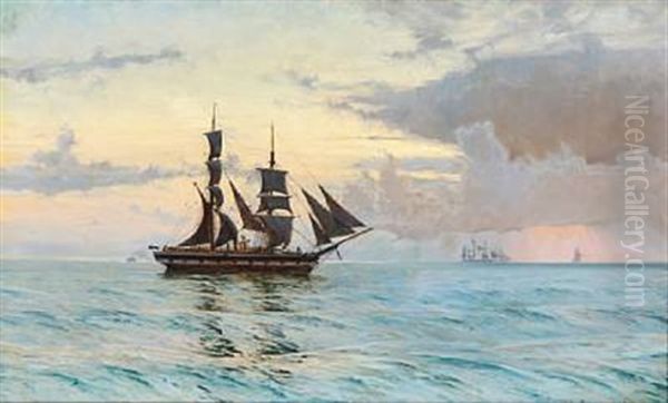 Seascape With Sailing Ships Oil Painting by Vilhelm Karl Ferdinand Arnesen