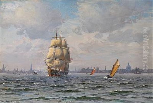 Sailing Ships With Copenhagen In The Background Oil Painting by Vilhelm Karl Ferdinand Arnesen