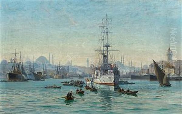 The Danish Cruiser Hejmdal In The Port Of Constantinople, On Official Visit In 1908 Oil Painting by Vilhelm Karl Ferdinand Arnesen