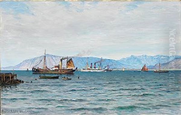 Coastal Scene With Several Ships Near Reykjavik During The King Frederik Viii's Visit To Iceland Oil Painting by Vilhelm Karl Ferdinand Arnesen