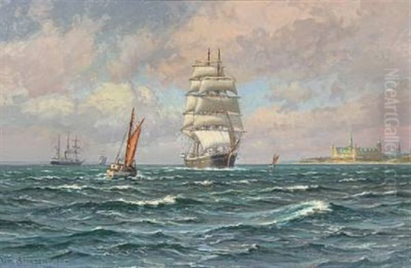 Seascape With Kronborg Castle In The Background Oil Painting by Vilhelm Karl Ferdinand Arnesen