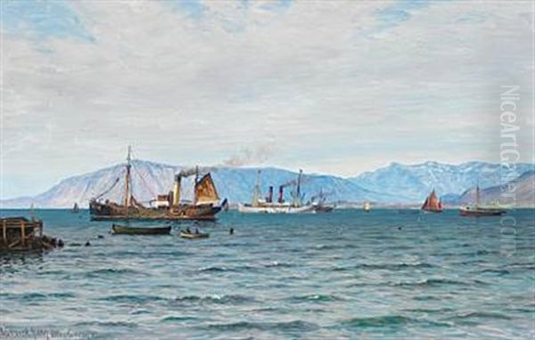 Coastal Scene With Several Ships Near Reykjavik During The King Frederik Viii's Visit To Iceland Oil Painting by Vilhelm Karl Ferdinand Arnesen