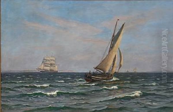 Seascape With Sailing Ships And Boats Off The Coast Of Gilleleje, Denmark Oil Painting by Vilhelm Karl Ferdinand Arnesen