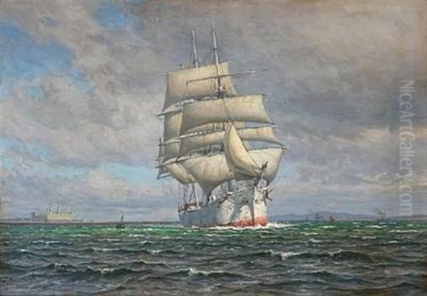 Seascape With A Sailing Ship And Kronborg Castle In The Background Oil Painting by Vilhelm Karl Ferdinand Arnesen