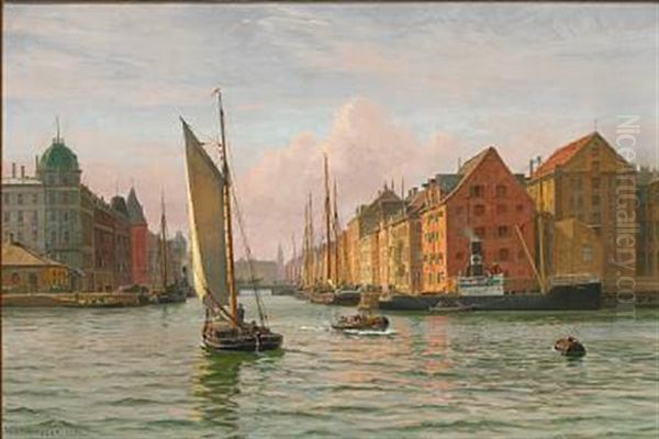 View From The Port Of Copenhagen Towards Nyhavn Oil Painting by Vilhelm Karl Ferdinand Arnesen