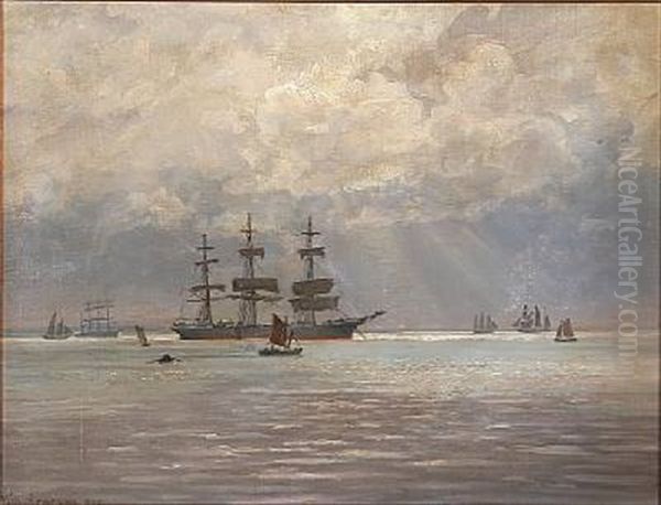 Seascape With Sailing Ships On Open Sea Oil Painting by Vilhelm Karl Ferdinand Arnesen