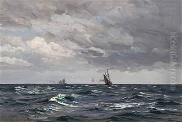 Marine With Ships At Sea Oil Painting by Vilhelm Karl Ferdinand Arnesen