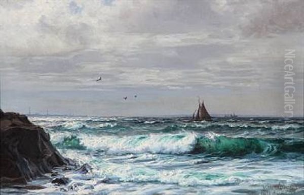 Costal Scene With Ships In The Sound, Denmark Oil Painting by Vilhelm Karl Ferdinand Arnesen