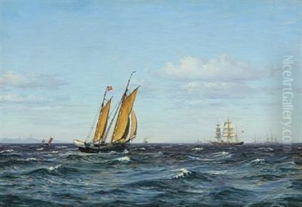 Seascape With Sailing Ships At Sea Oil Painting by Vilhelm Karl Ferdinand Arnesen