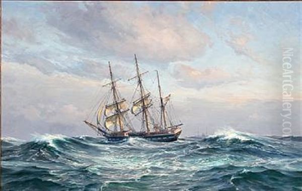 Seascape With Sailing Ship In High Waves Oil Painting by Vilhelm Karl Ferdinand Arnesen