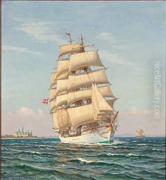 Seascape With The Danish Training Ship Danmark And Kronborg Castle In The Background Oil Painting by Vilhelm Karl Ferdinand Arnesen