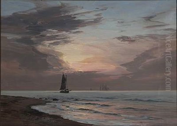 Coastal Scene With Sailing Ships At Sunset Oil Painting by Vilhelm Karl Ferdinand Arnesen