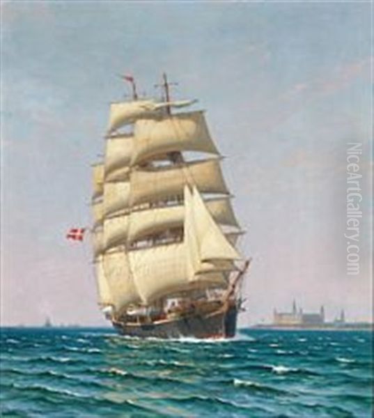 Seascape With The Danish Training Ship Georg Stage Near Kronborg Castle Oil Painting by Vilhelm Karl Ferdinand Arnesen