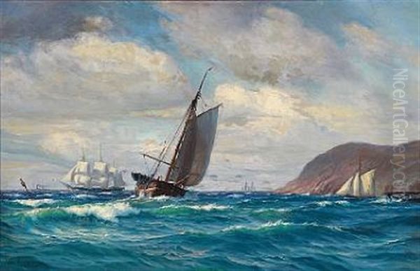 Seascape With Sailing Ships In High Waves Oil Painting by Vilhelm Karl Ferdinand Arnesen