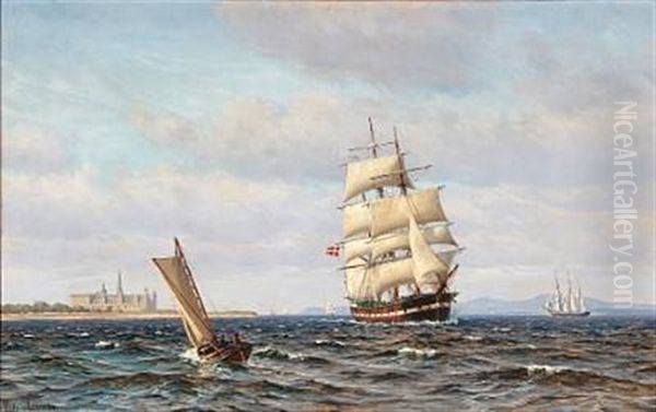 Summer Day With Sailing Ship Off The Coast Of Kronborg Oil Painting by Vilhelm Karl Ferdinand Arnesen