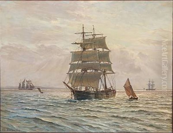 En Bark Gaard Under Sejl Efter Lige At Have Lettet Anker I Oresund Oil Painting by Vilhelm Karl Ferdinand Arnesen