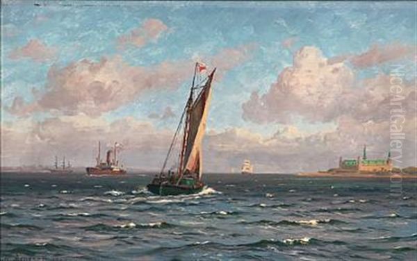 Summer Day With Sailing Ships Near Kronborg Castle Oil Painting by Vilhelm Karl Ferdinand Arnesen