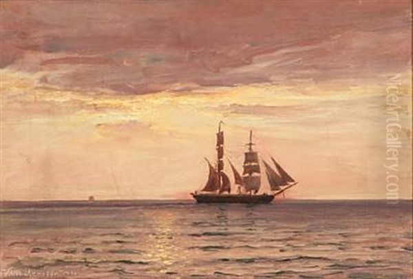 Seascape With A Bring At Sunset Oil Painting by Vilhelm Karl Ferdinand Arnesen