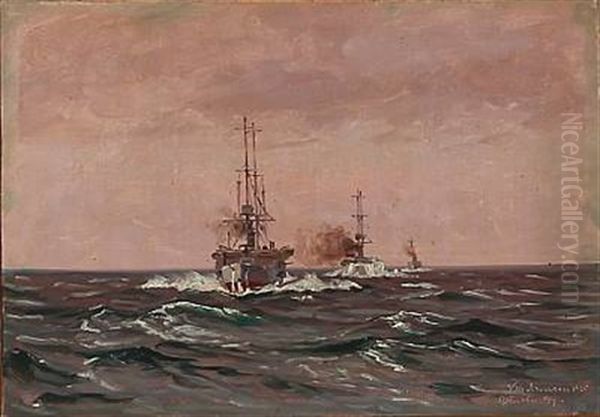 Seascape From The Baltic Sea With Warships Oil Painting by Vilhelm Karl Ferdinand Arnesen