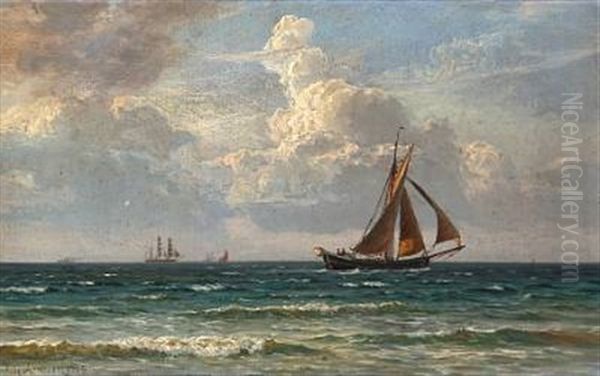 Seascape With Sailing Ships On Open Sea Oil Painting by Vilhelm Karl Ferdinand Arnesen