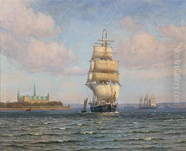 Seascape With Sailing Ships Near Kronborg Castle Oil Painting by Vilhelm Karl Ferdinand Arnesen