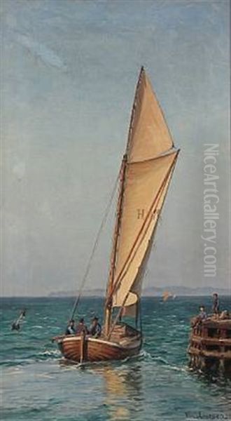 Fisherboat In A Harbour Oil Painting by Vilhelm Karl Ferdinand Arnesen