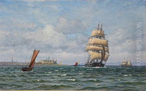 Coastal Scene With Ships Off The Coast Of Elsinor Castle Oil Painting by Vilhelm Karl Ferdinand Arnesen