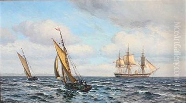 Seascape With The Frigate Jylland And Sailing Ships In The Great Sound Oil Painting by Vilhelm Karl Ferdinand Arnesen