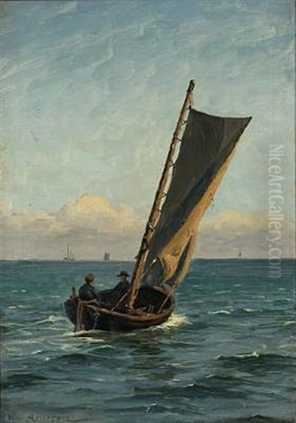 Seascape With Two Fishermen In A Sailing Boat Oil Painting by Vilhelm Karl Ferdinand Arnesen