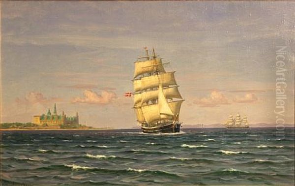 Ships Sailing Past Kronborg Castle, Denmark Oil Painting by Vilhelm Karl Ferdinand Arnesen