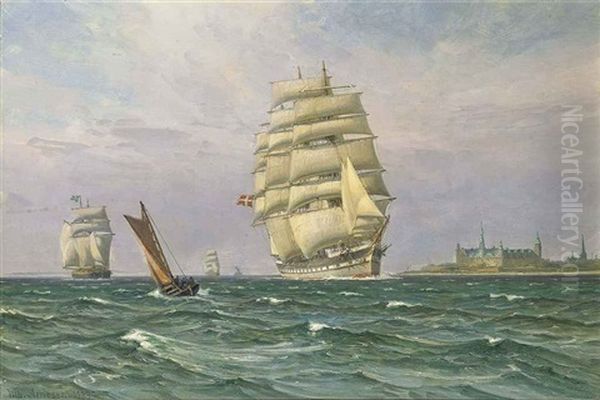 A Danish Windjammer In The Sound Off Kronborg Castle Oil Painting by Vilhelm Karl Ferdinand Arnesen