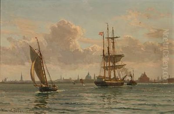 Coastal Scene From Copenhagen With Sailing Ships Near The Coast Oil Painting by Vilhelm Karl Ferdinand Arnesen